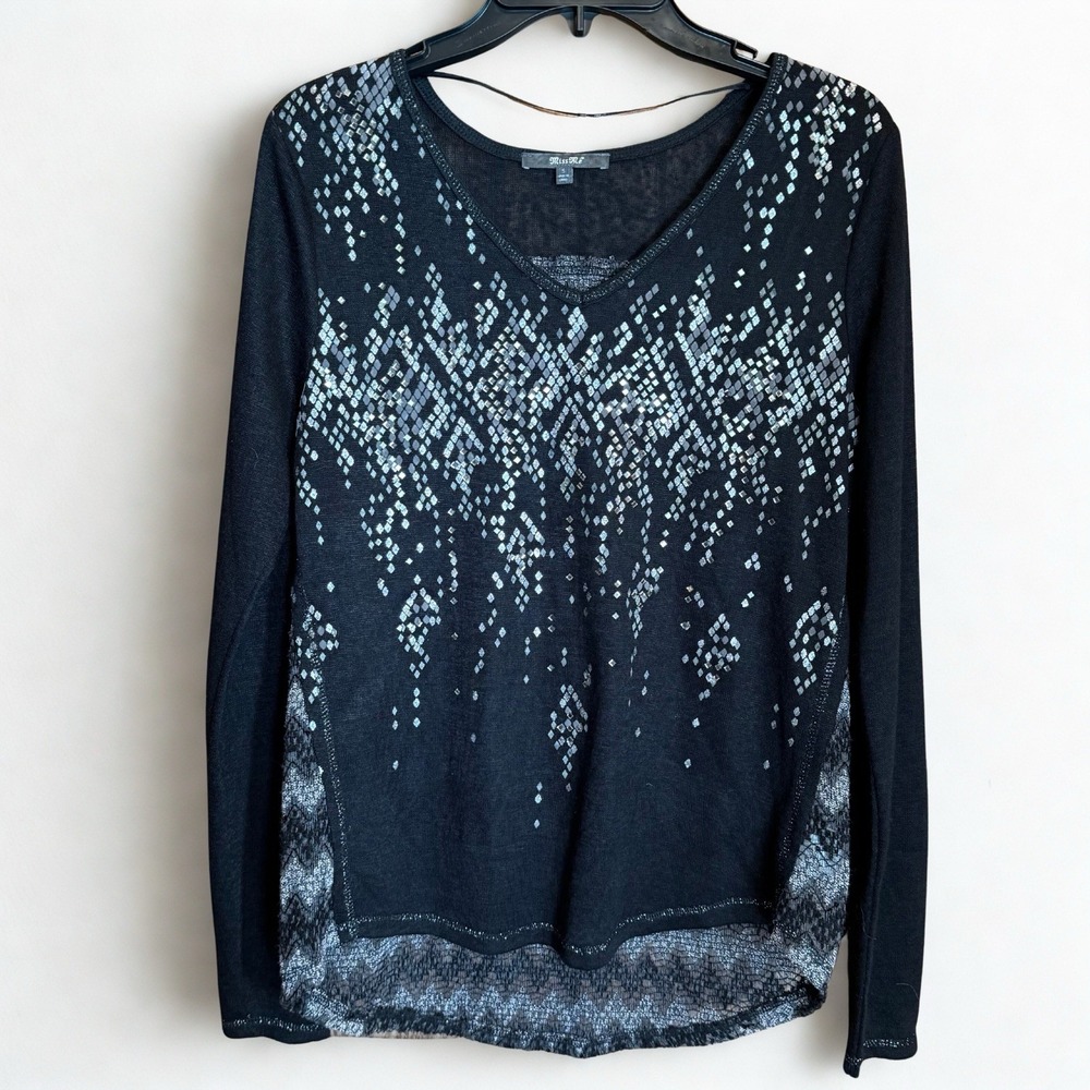Miss Me Womens S Jeweled‎ Black Chevron Grunge Soft Goth Long Sleeve Top